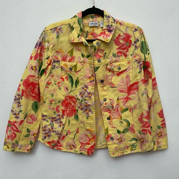 Chico's Yellow, Pink, Green Floral 100% Cotton Button Front Jacket Size 1 M/8 - Picture 1 of 5